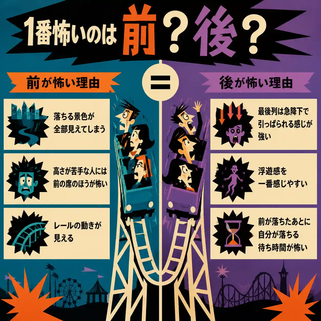 ジェットコースターの前席と後席で感じる怖さの違いを、左右の罫線付き比較で示したレトロ風インフォグラフィック。