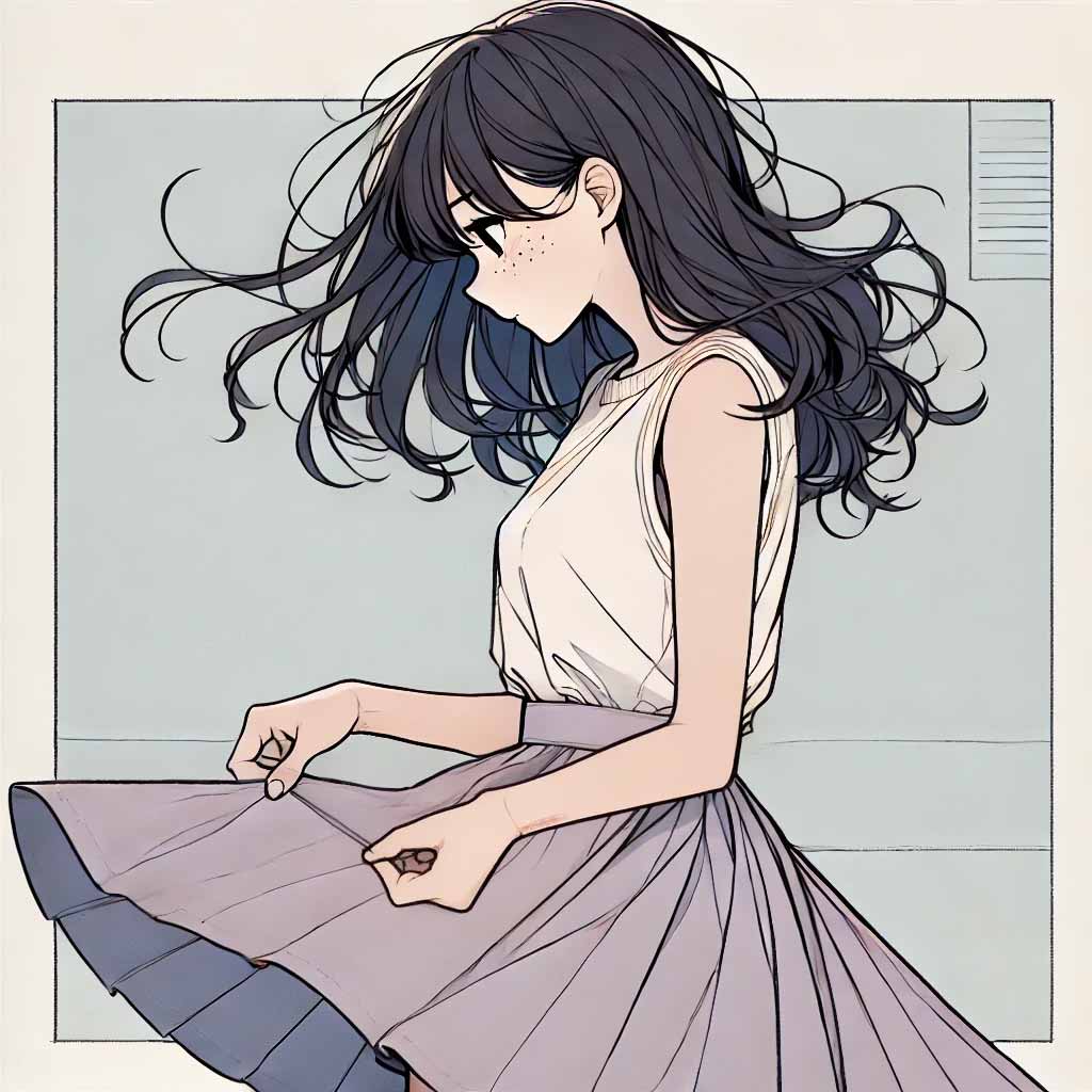 風で捲れるスカートの中学生女子