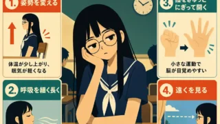授業中に眠気に負けそうな女子生徒と、姿勢・呼吸・指の運動・遠くを見る4つの眠気対策をまとめたインフォグラフィック