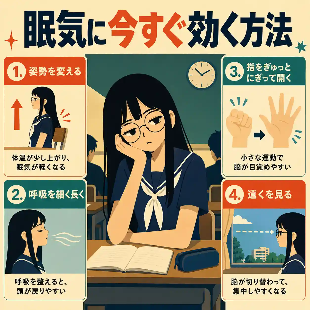 授業中に眠気に負けそうな女子生徒と、姿勢・呼吸・指の運動・遠くを見る4つの眠気対策をまとめたインフォグラフィック