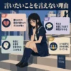 『言いたいことを言えない理由』のインフォグラフィック。階段に座る気弱そうな女子生徒を中心に、嫌われる不