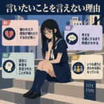 『言いたいことを言えない理由』のインフォグラフィック。階段に座る気弱そうな女子生徒を中心に、嫌われる不