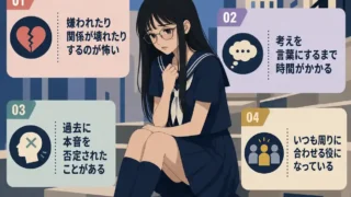 『言いたいことを言えない理由』のインフォグラフィック。階段に座る気弱そうな女子生徒を中心に、嫌われる不
