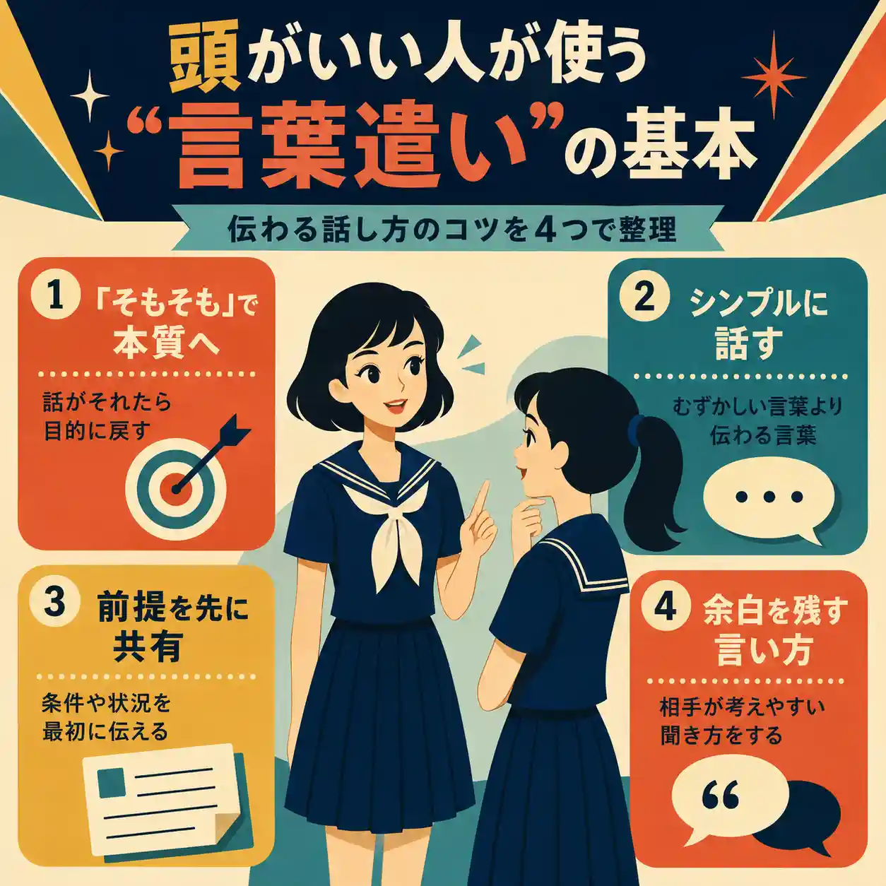 頭がいい人が使う言葉遣いの基本を4つにまとめたインフォグラフィック。夏服のセーラー服姿の女子生徒2人が話し、「そもそも」「シンプル」「前提共有」「余白を残す」を紹介。