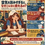 空気を読みすぎて疲れる理由を4つに分けて説明するカフェの女性のインフォグラフィック