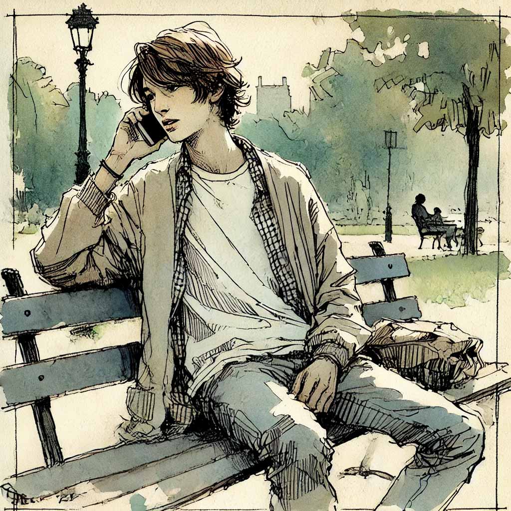 公園で電話する中学生男子