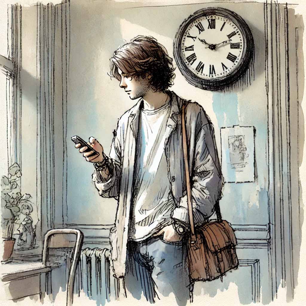 時間を計算して延伸する中学生男子