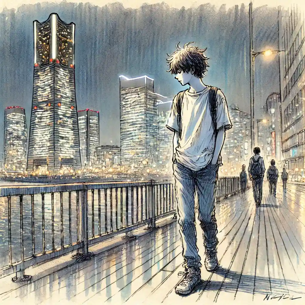 一人でみなとみらいを歩いている男子