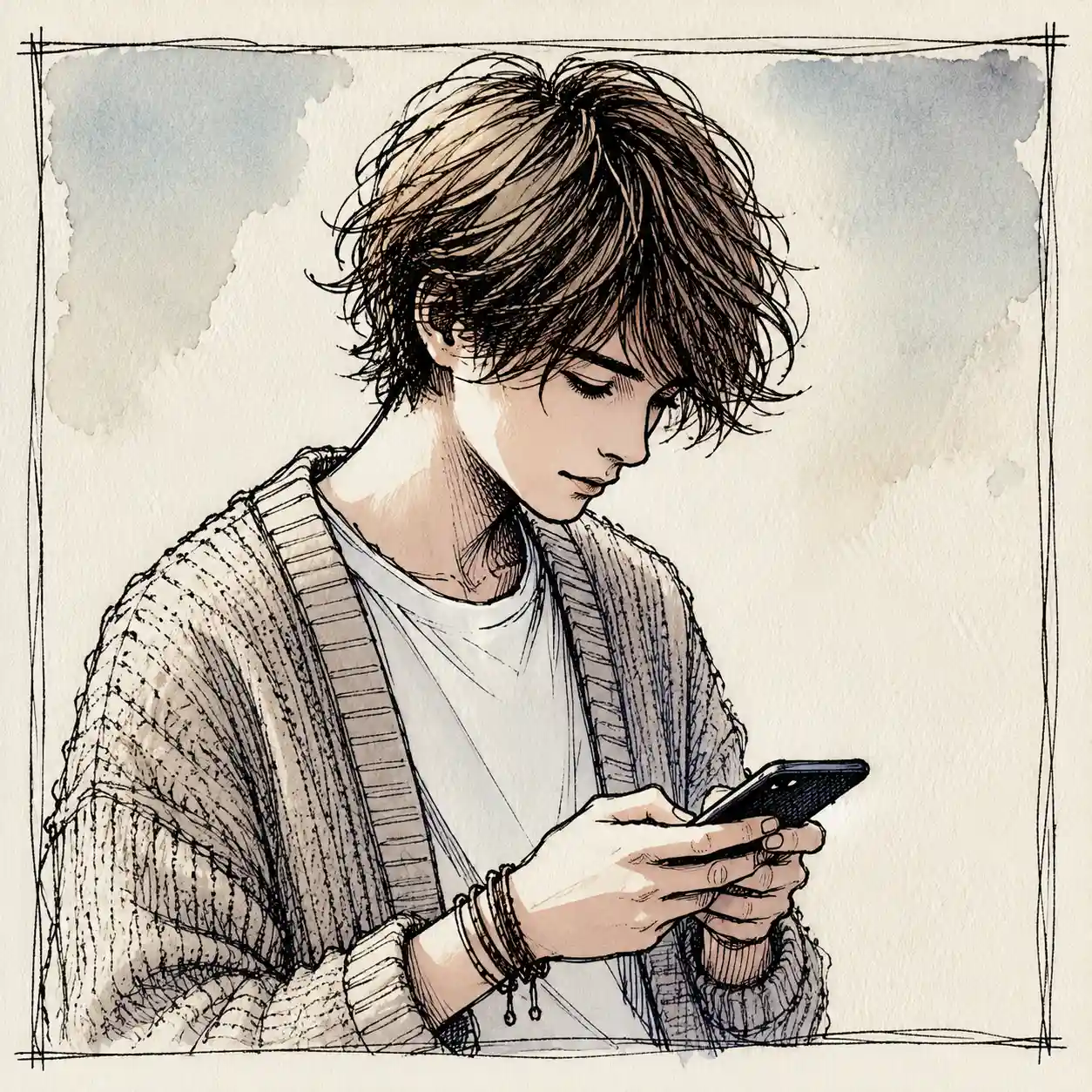LINEをしている男子