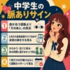 中学生の脈ありサインを、目が合った後の反応やLINEの会話、からかい、1週間の行動パターンで確認するインフォグラフィック