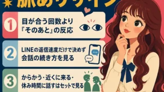 中学生の脈ありサインを、目が合った後の反応やLINEの会話、からかい、1週間の行動パターンで確認するインフォグラフィック