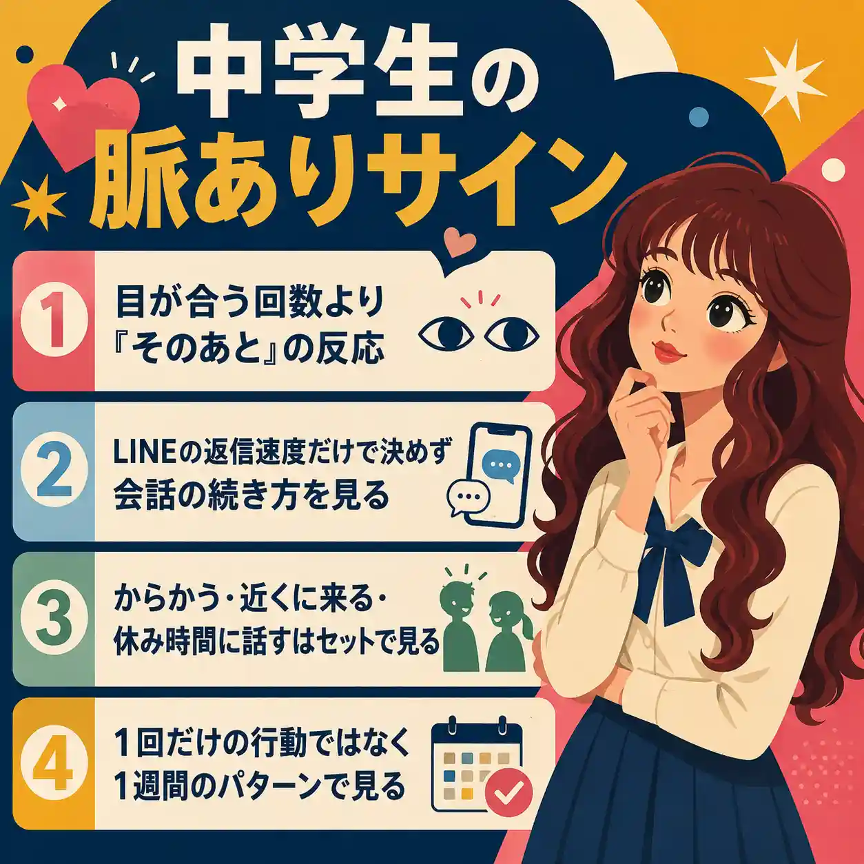 中学生の脈ありサインを、目が合った後の反応やLINEの会話、からかい、1週間の行動パターンで確認するインフォグラフィック