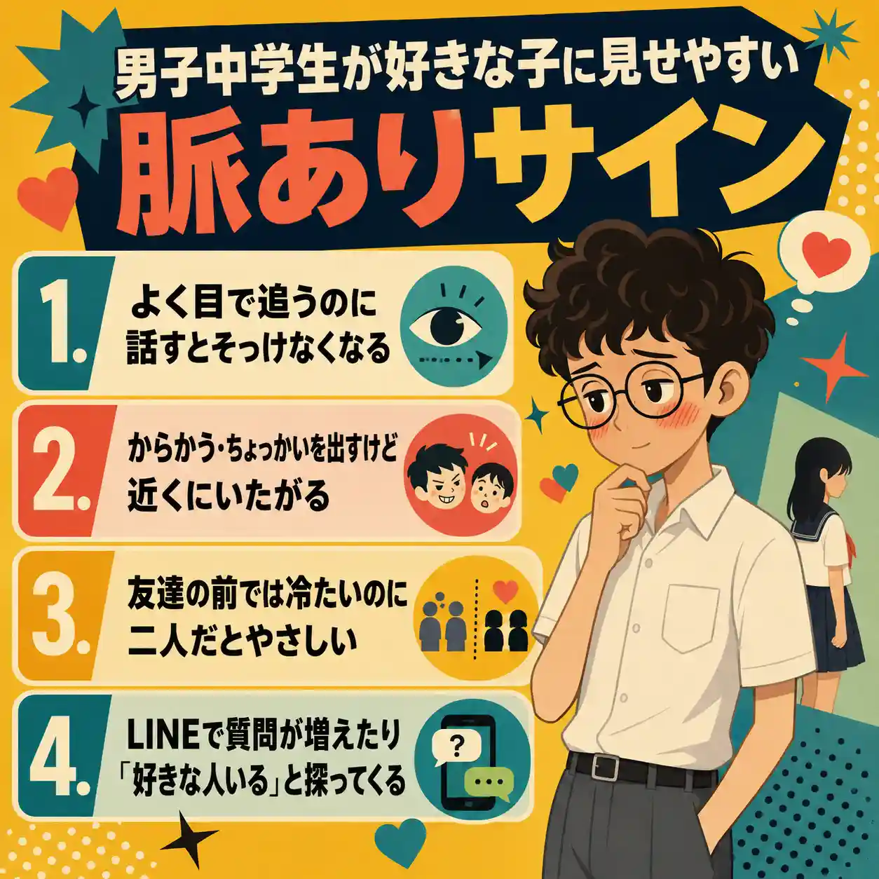 男子中学生の脈ありサインを、目で追う、からかう、二人のときだけやさしい、LINEで探ってくるの4点でまとめたインフォグラフィック