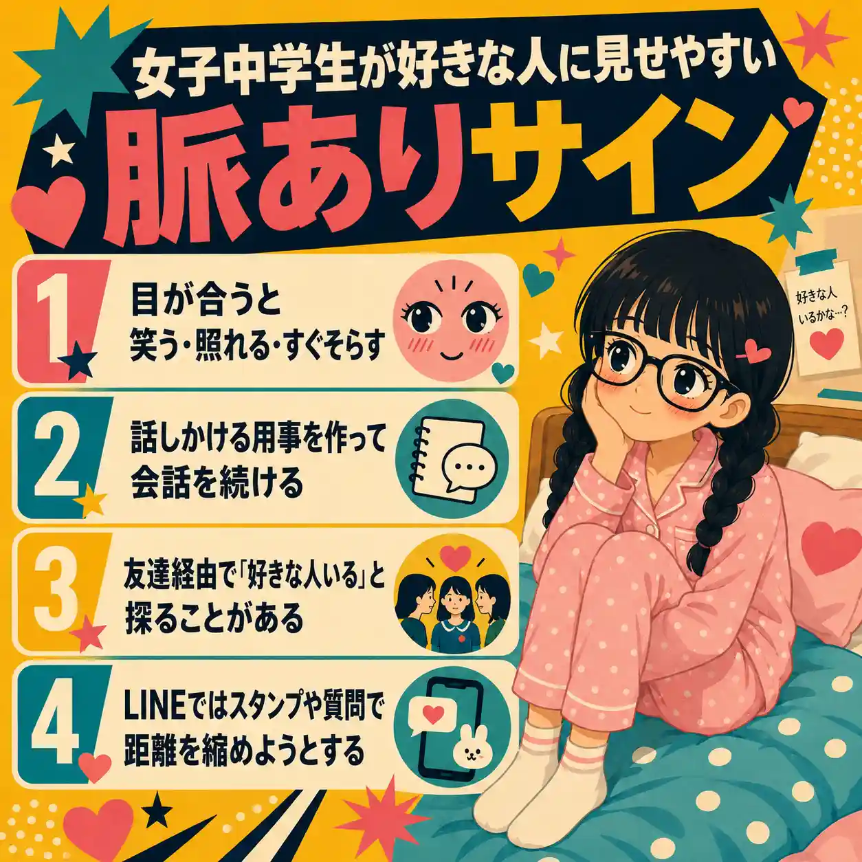 女子中学生の脈ありサインを、目が合うと笑う、用事を作って話す、友達経由で探る、LINEで距離を縮めるの4点でまとめたインフォグラフィック