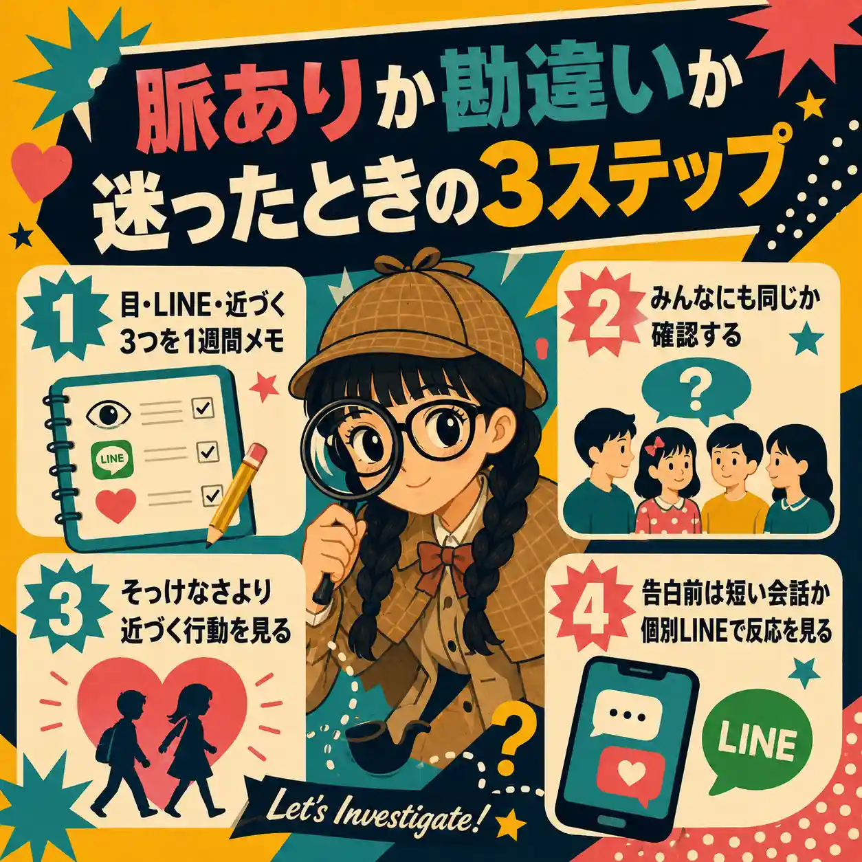 脈ありか勘違いか迷ったときの見分け方を、1週間メモ、周囲との比較、近づく行動、短い会話や個別LINEの4つで示したインフォグラフィック