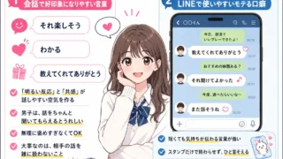 女子が言うと好印象になりやすい口癖とLINEで使いやすい言葉をまとめたインフォグラフィック。会話での共感や明るい反応、自然なリアクションの大切さを紹介している。