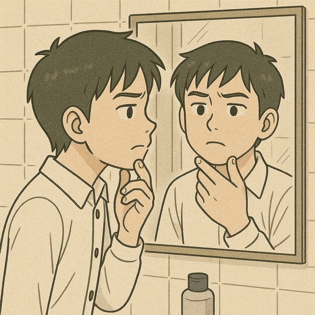 鏡をのぞいている中学生男子