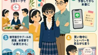 親に脱毛の話を切り出すタイミングを、ご飯後の会話、LINE予告、学校行事、買い物中の4場面で紹介するインフォグラフィック。