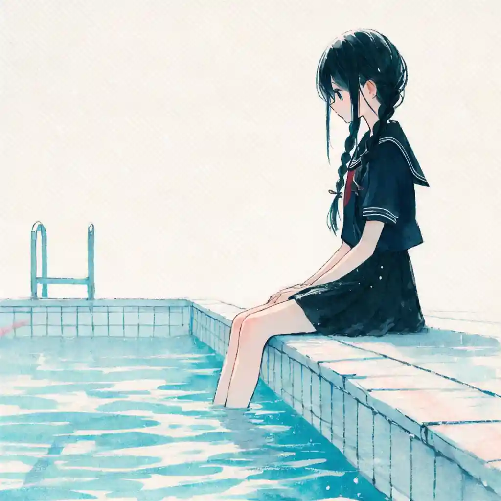 プールに足をつけている女子