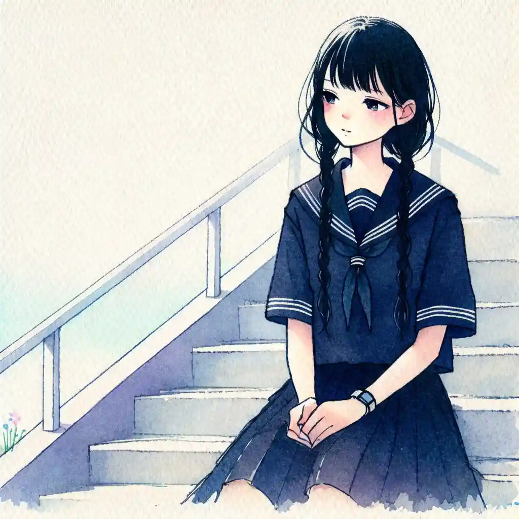 階段に座って考えている女子