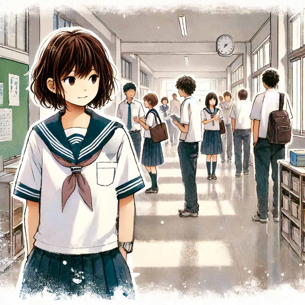 休み時間に廊下を散歩している中学生女子