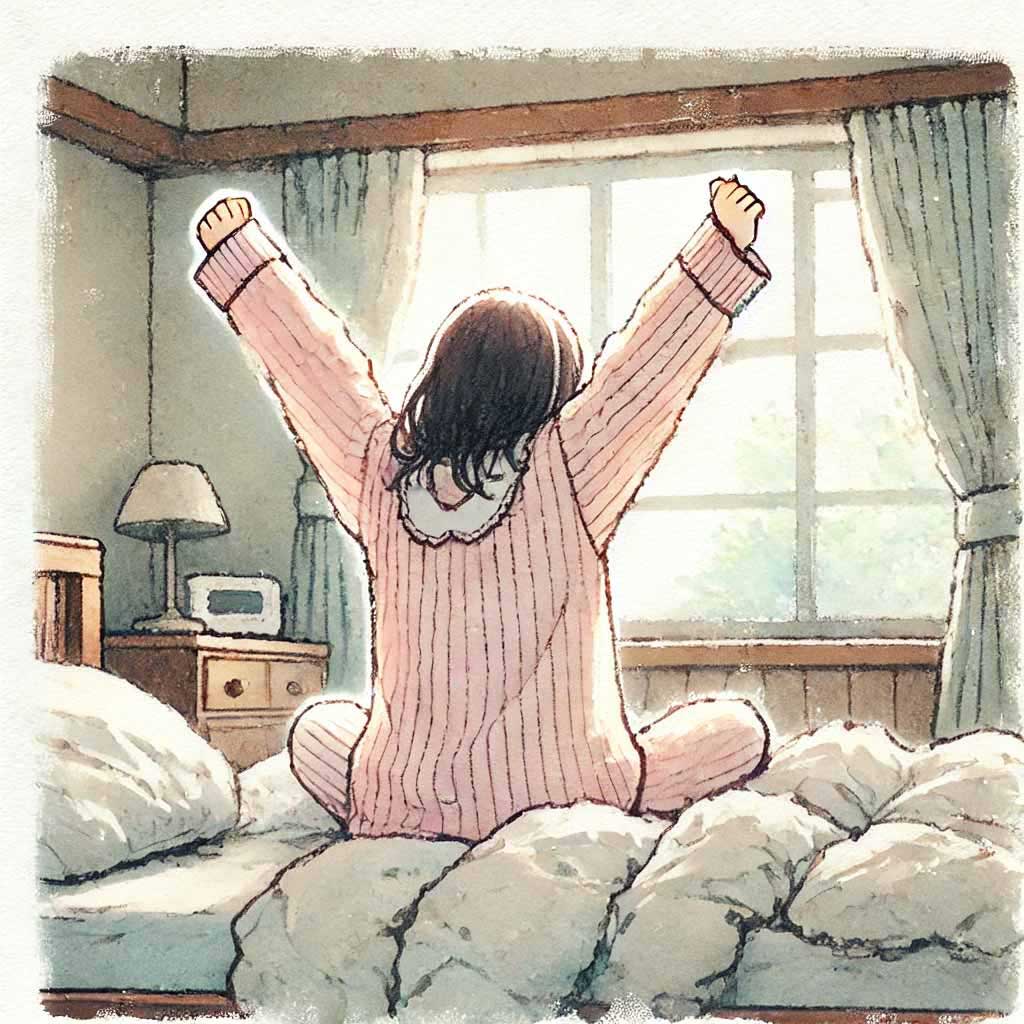朝起きて伸びをしている中学生女子