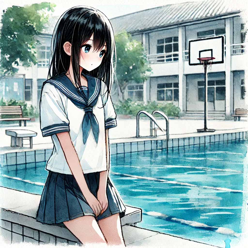 プール脇の中学生女子