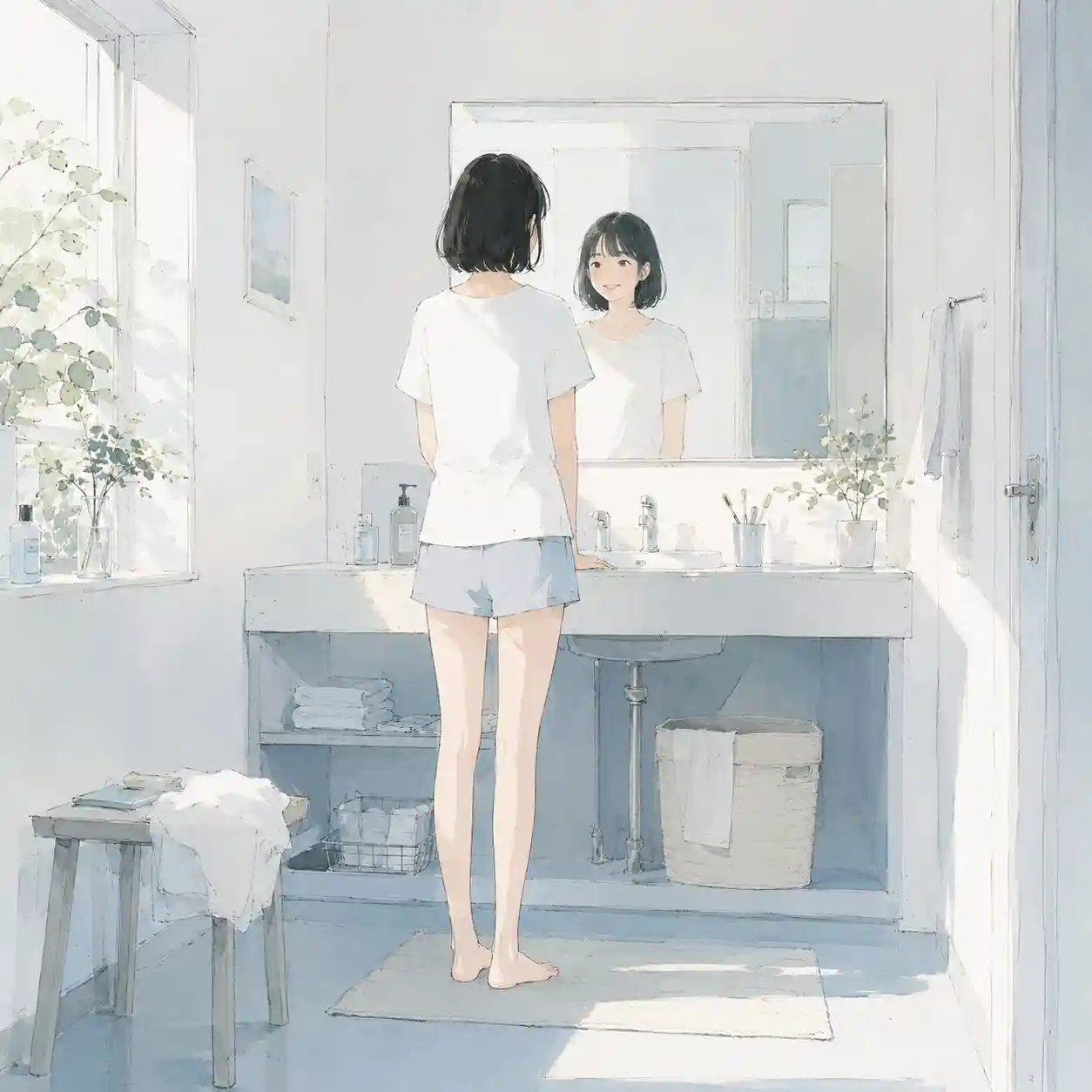 鏡の前で悩む女子