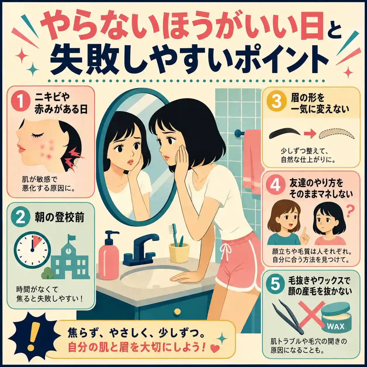 中学生向けの顔の産毛処理の注意点をまとめたインフォグラフィック。鏡をのぞき込み頬に手を当てる女子を中心に、ニキビや赤みがある日、朝の登校前、眉の形を一気に変えること、友達のやり方をそのまままねすること、毛抜きやワックスで抜くことが失敗しやすいポイントとして示されている。