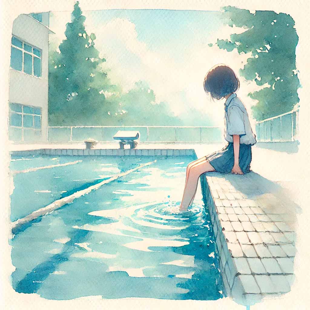 足を水につける中学生女子