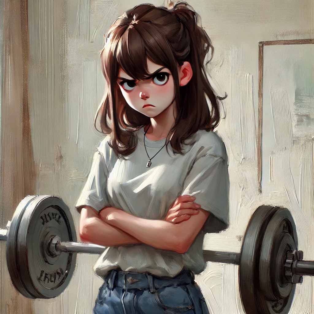 プレゼントがバーベルで怒っている女子