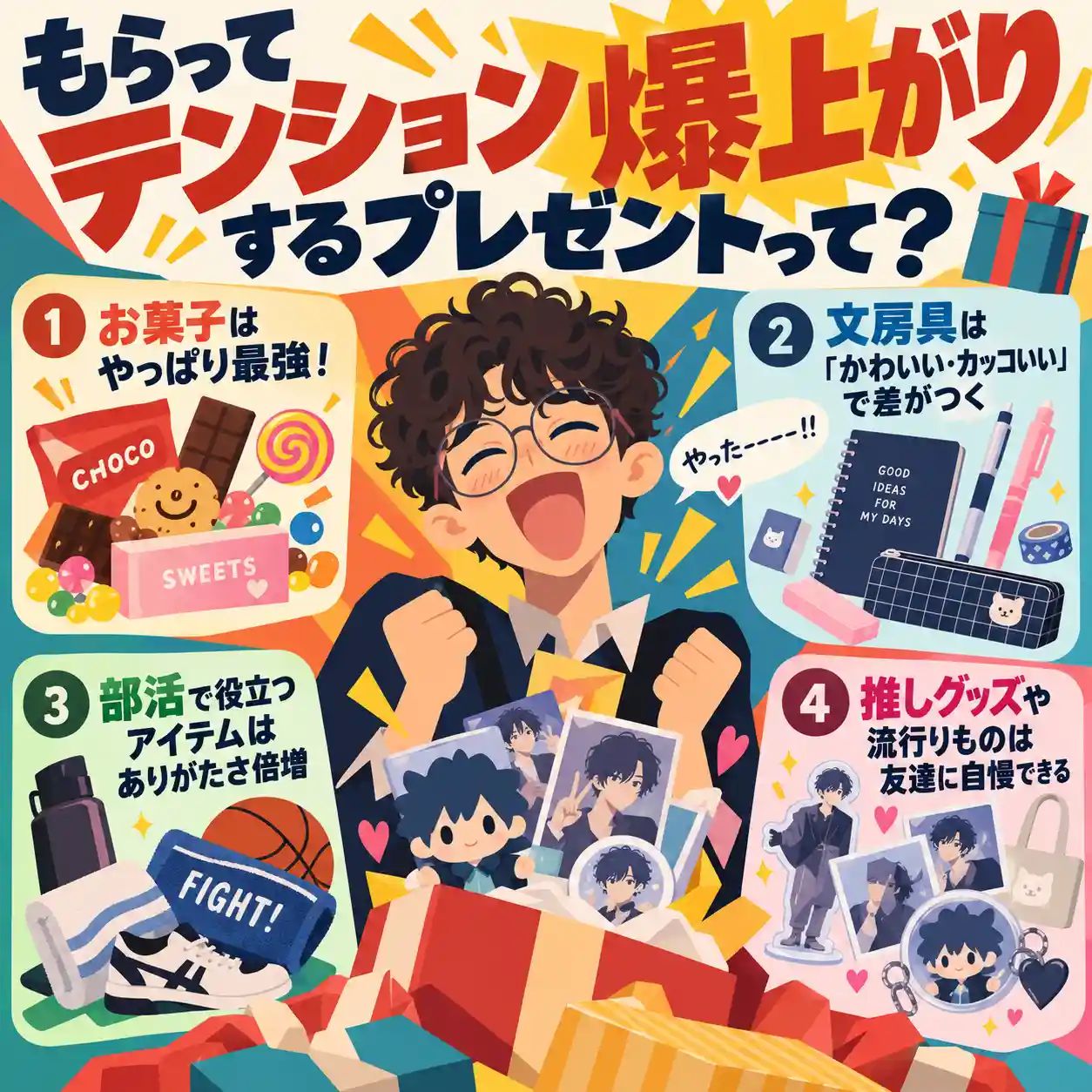 推しグッズのプレゼントをもらって大喜びする男子を中心に、お菓子・文房具・部活アイテム・推しグッズの4種類を紹介したレトロポップなインフォグラフィック。