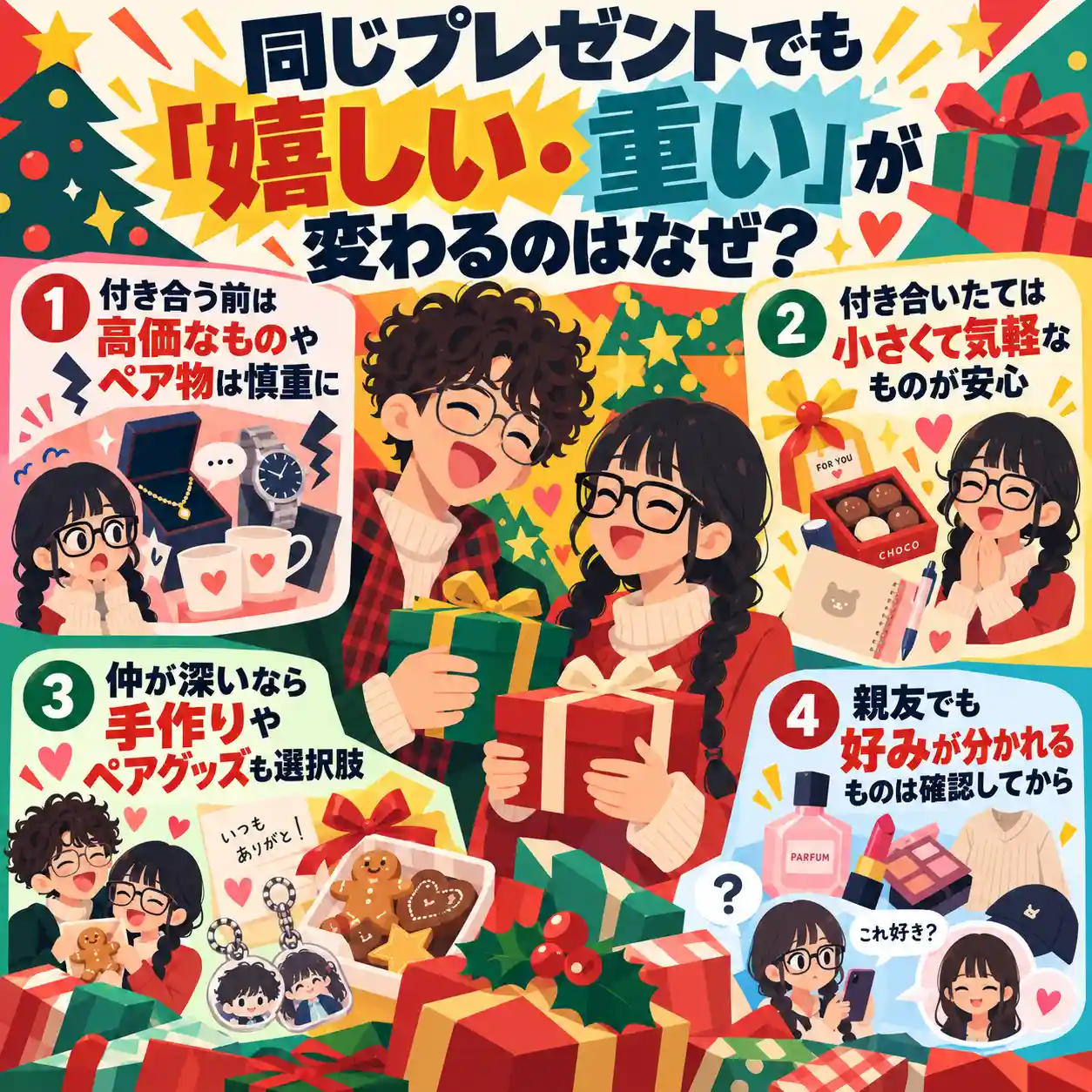 クリスマスにプレゼント交換をする中学生の男女を中心に、付き合う前・付き合いたて・仲が深い場合・親友の場合の選び方を4つに分けて紹介したインフォグラフィック。