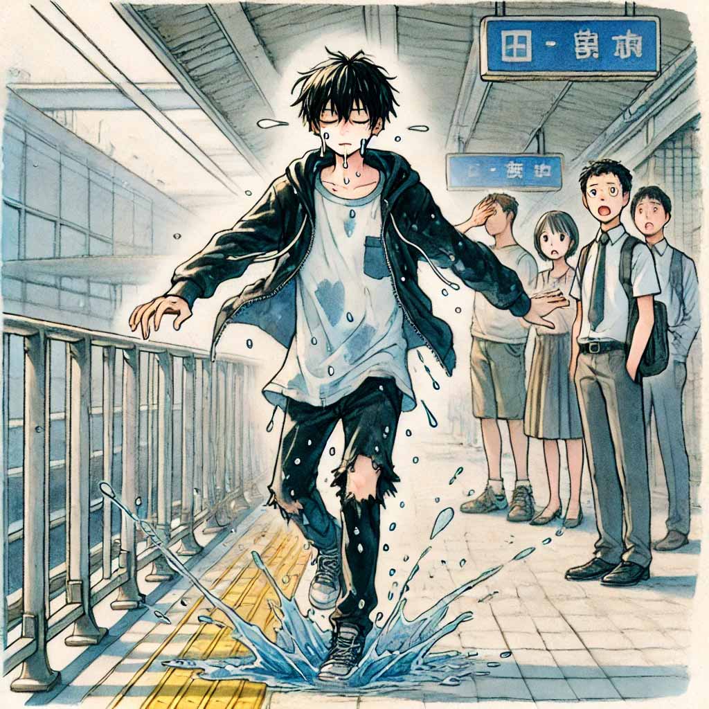 よろよろ歩いている中学生男子