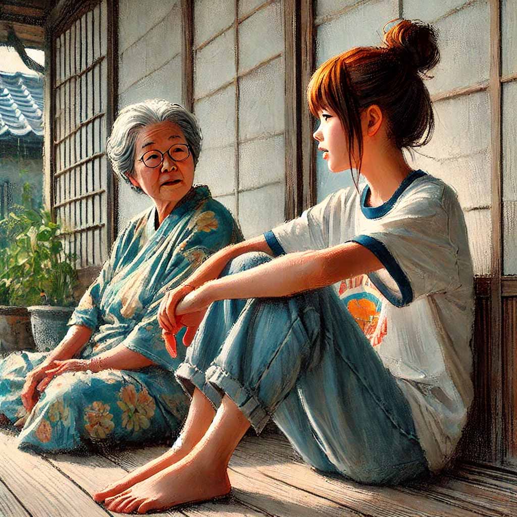 祖母と会話している中学生女子