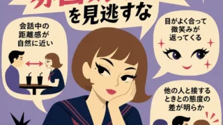 両思いかもしれない雰囲気サインを解説するインフォグラフィック。ショートボブの茶髪の中学生女子が頬杖をつき、周囲に「距離が自然に近い」「目が合って微笑む」「態度の差がある」といった吹き出しが配置された、60年代アメリカアニメ風のフラットデザイン。