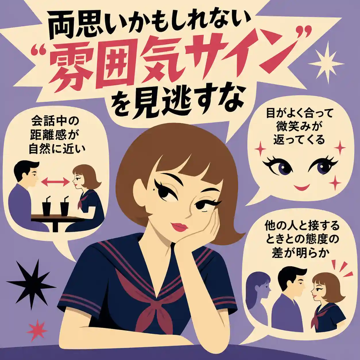 両思いかもしれない雰囲気サインを解説するインフォグラフィック。ショートボブの茶髪の中学生女子が頬杖をつき、周囲に「距離が自然に近い」「目が合って微笑む」「態度の差がある」といった吹き出しが配置された、60年代アメリカアニメ風のフラットデザイン。