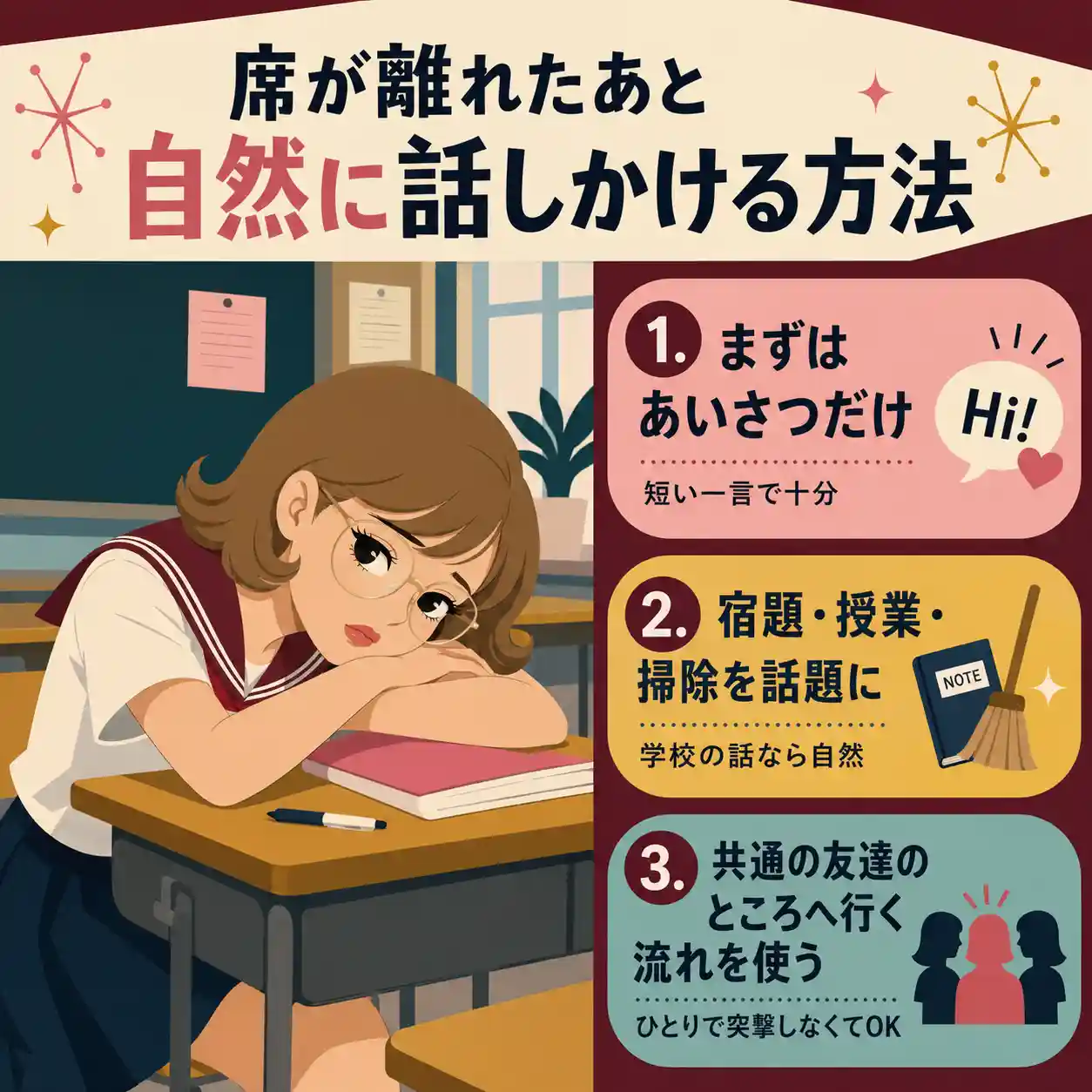 席が離れたあと自然に話しかける方法を紹介するインフォグラフィック。机に突っ伏すセーラー服の女子生徒と、あいさつ・学校の話題・共通の友達を使う3つのコツ