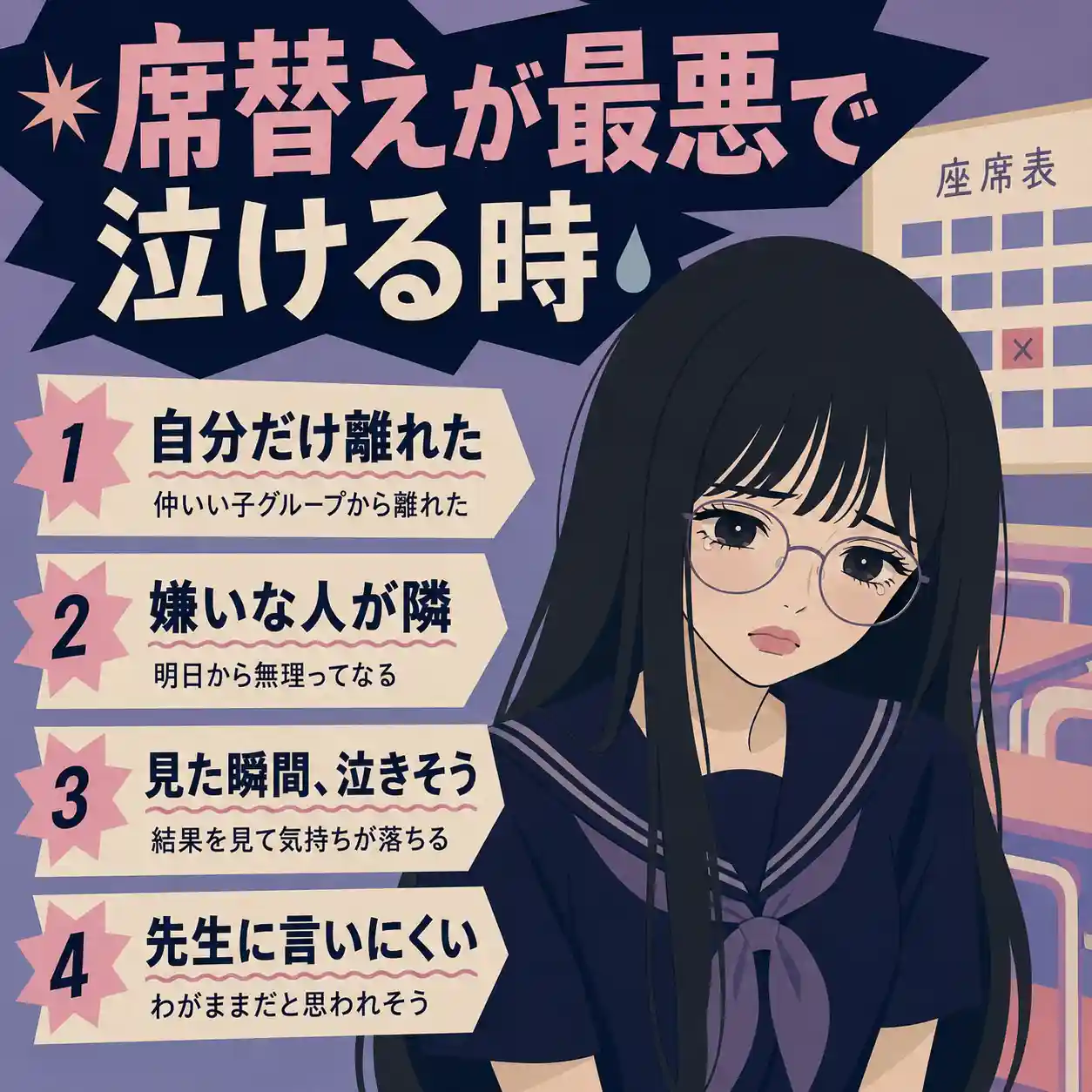 席替えが最悪で泣きそうな女子生徒と、席替えのつらい理由を4つに整理したレトロ調インフォグラフィック。