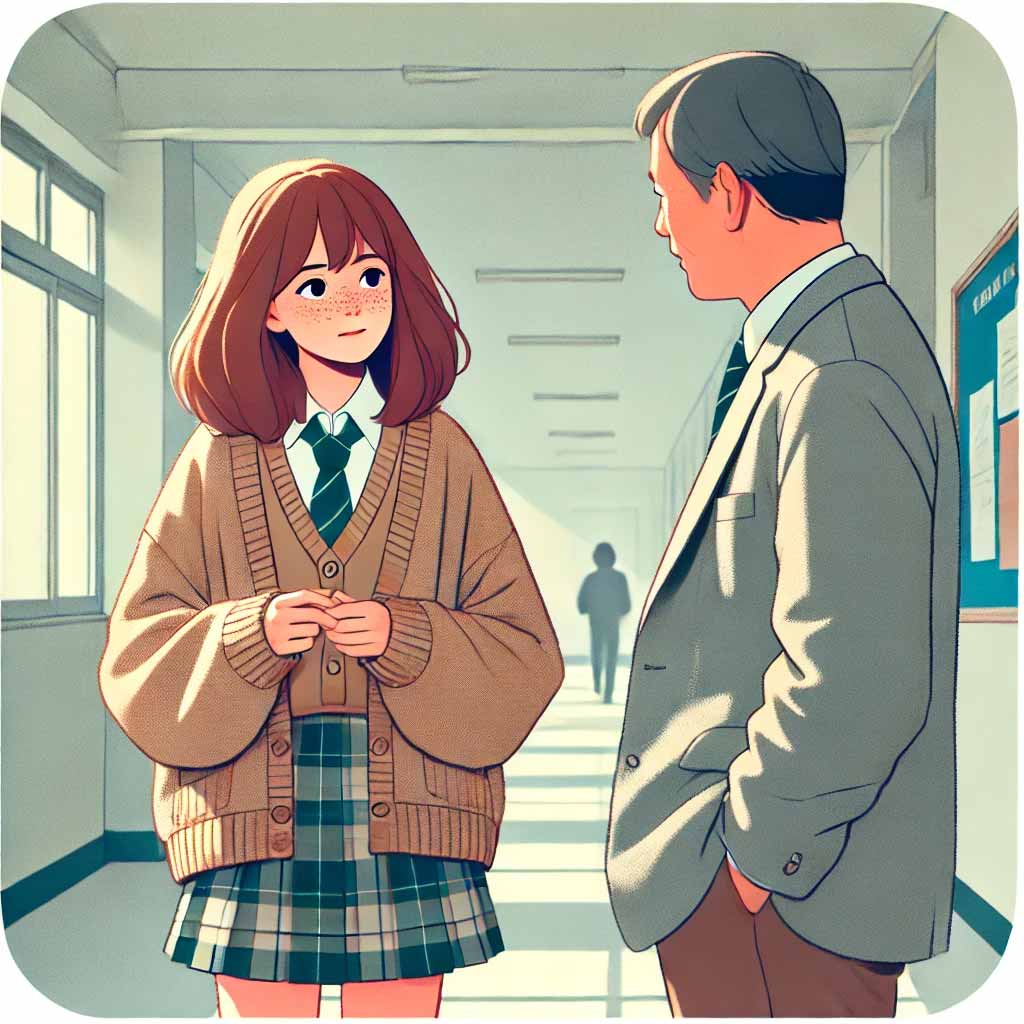 先生に相談している中学生女子