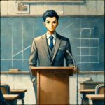 黒板を前にした先生