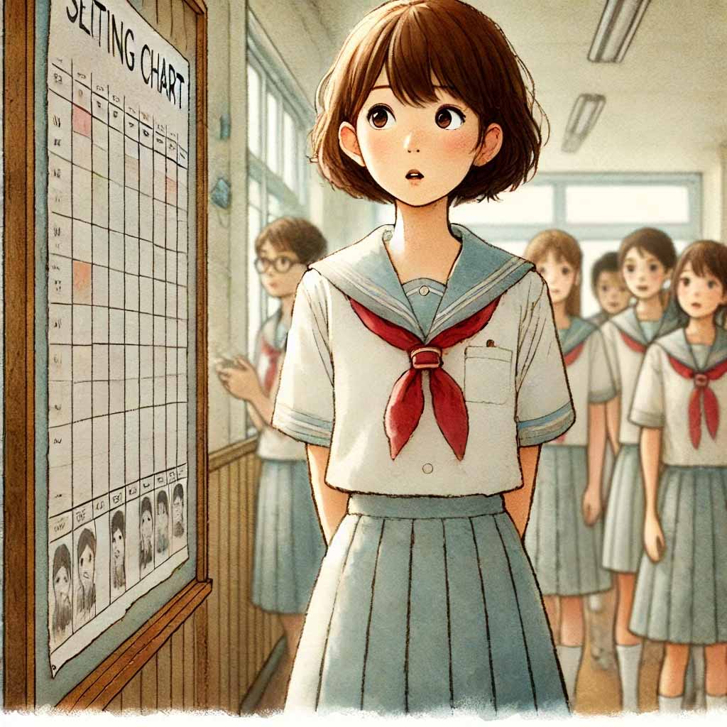 新しい席順を見ている中学生女子