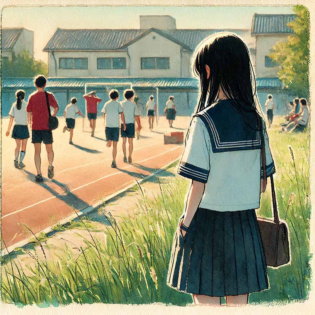 陸上部の練習を見ている中学生女子