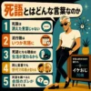 死語とはどんな言葉なのかを解説する正方形のインフォグラフィック。 60年代アメリカアニメ風のスーパーフラットデザインで、グラサンをかけた白Tシャツ姿の70歳のイケおじが、死語は消えた言葉ではなく、流行語や生活、世代差によって印象が変わることを紹介している。