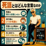 死語とはどんな言葉なのかを解説する正方形のインフォグラフィック。 60年代アメリカアニメ風のスーパーフラットデザインで、グラサンをかけた白Tシャツ姿の70歳のイケおじが、死語は消えた言葉ではなく、流行語や生活、世代差によって印象が変わることを紹介している。