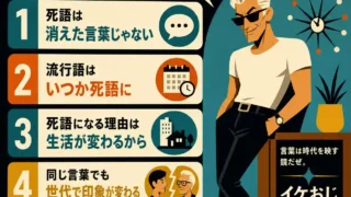 死語とはどんな言葉なのかを解説する正方形のインフォグラフィック。 60年代アメリカアニメ風のスーパーフラットデザインで、グラサンをかけた白Tシャツ姿の70歳のイケおじが、死語は消えた言葉ではなく、流行語や生活、世代差によって印象が変わることを紹介している。