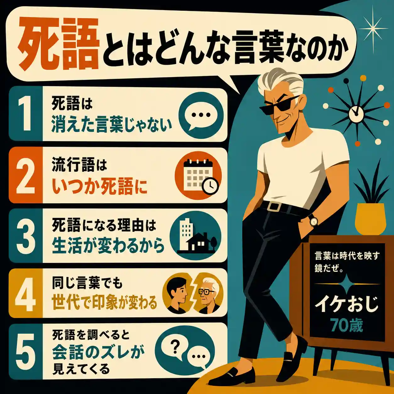 死語とはどんな言葉なのかを解説する正方形のインフォグラフィック。 60年代アメリカアニメ風のスーパーフラットデザインで、グラサンをかけた白Tシャツ姿の70歳のイケおじが、死語は消えた言葉ではなく、流行語や生活、世代差によって印象が変わることを紹介している。