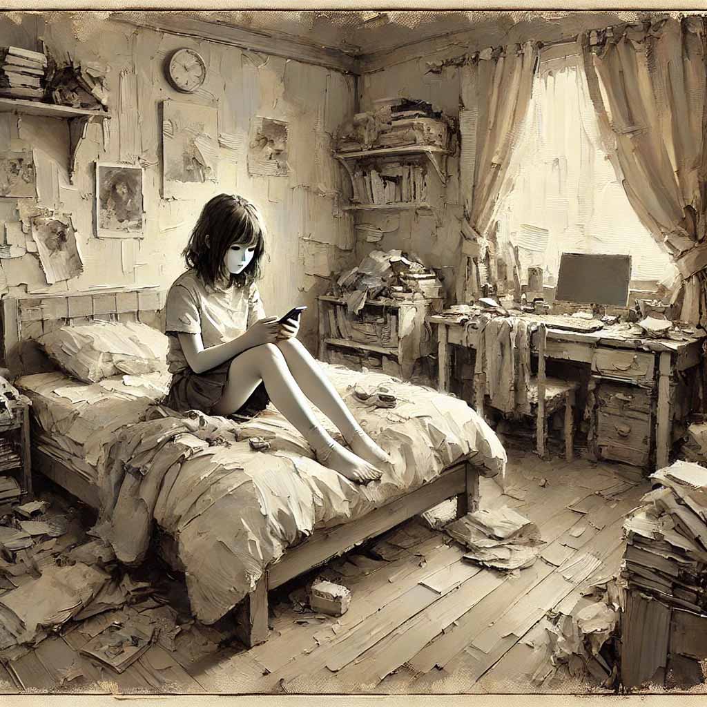 自分の部屋でSNSしている中学生女子