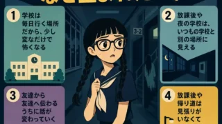 学校の怪談が生まれた理由を、夜の学校におびえる女子生徒のイラストと4つのポイントで示したインフォグラフィック。