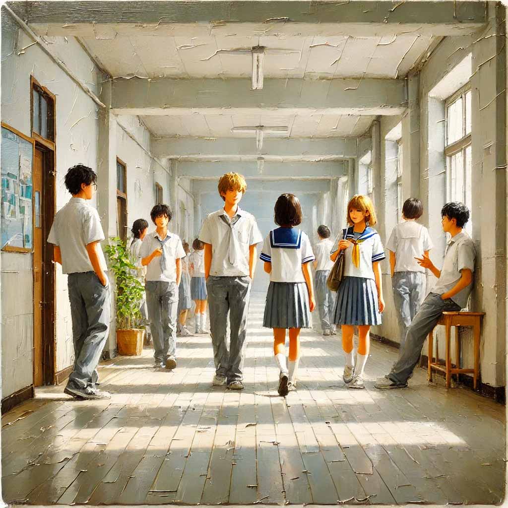廊下で話している中学生男女